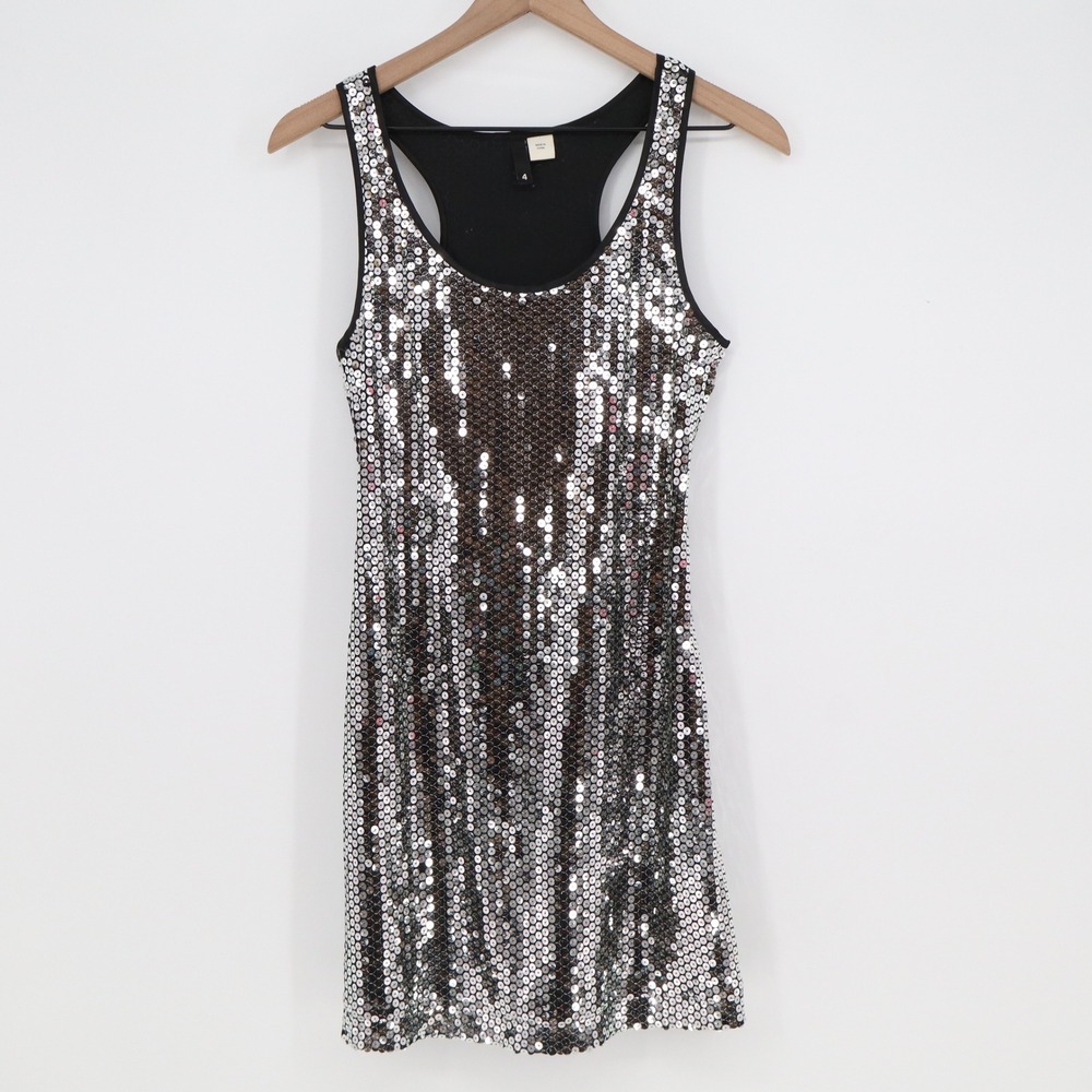 H&M Dress Womens 4 Sequin Racerback Mini Silver Black Shimmer Good